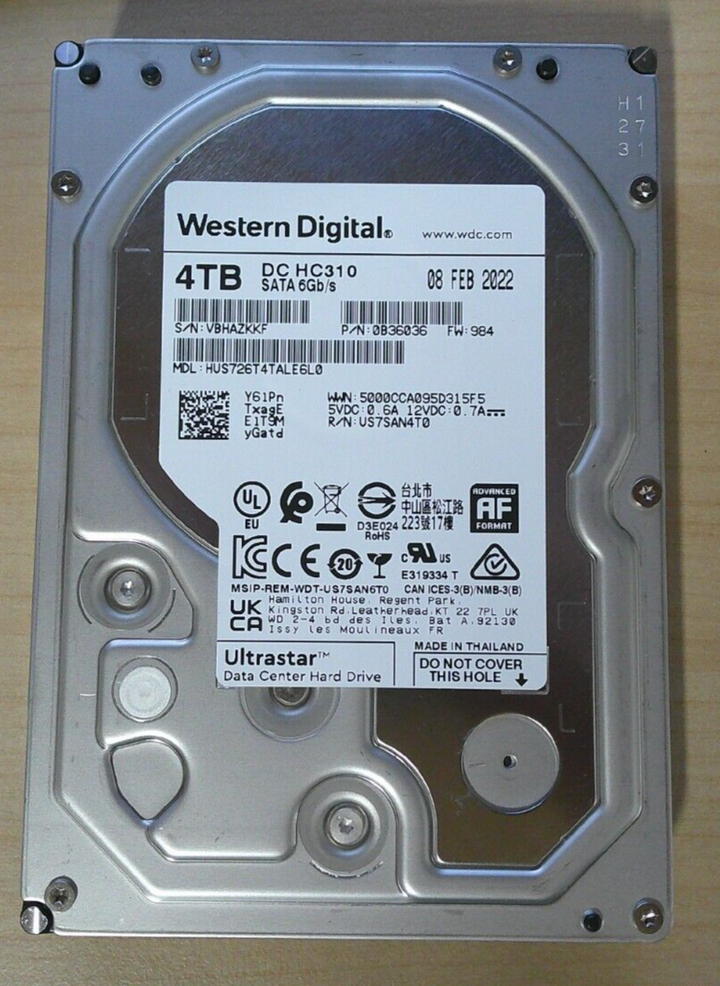 WD ULTRASTAR DC HC310 4TB SATA 6GB/S 3.5" HUS726T4TALE6L0 08 Feb 2022 FW:984